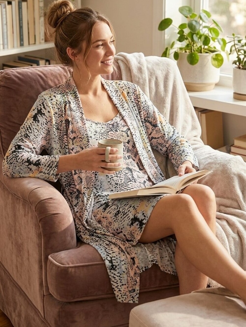 Love To Sleep Pastel Snake Print Nightgown & Robe Lounge Set Size Small